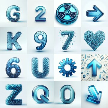 Blue transparent glass 3D Lettering Typeface. AI generated illustration