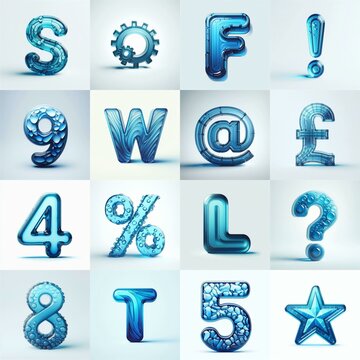 Blue transparent glass 3D Lettering Typeface. AI generated illustration