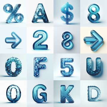Blue transparent glass 3D Lettering Typeface. AI generated illustration