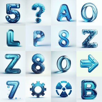 Blue transparent glass 3D Lettering Typeface. AI generated illustration