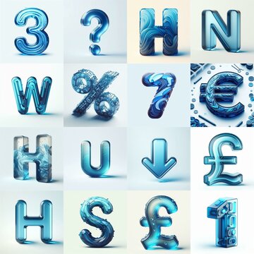 Blue transparent glass 3D Lettering Typeface. AI generated illustration