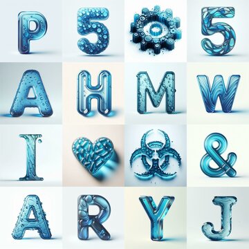 Blue transparent glass 3D Lettering Typeface. AI generated illustration