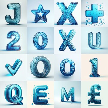 Blue transparent glass 3D Lettering Typeface. AI generated illustration