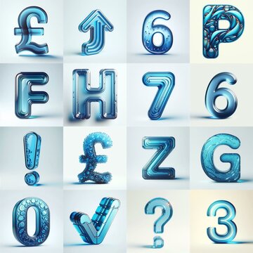 Blue transparent glass 3D Lettering Typeface. AI generated illustration