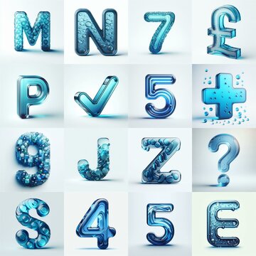 Blue transparent glass 3D Lettering Typeface. AI generated illustration