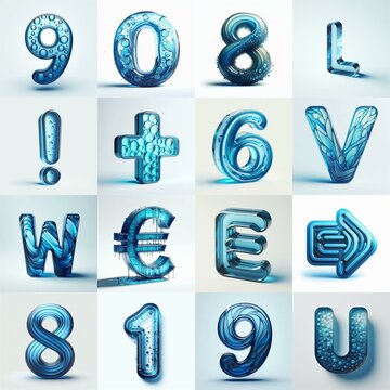 Blue transparent glass 3D Lettering Typeface. AI generated illustration