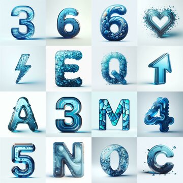 Blue transparent glass 3D Lettering Typeface. AI generated illustration