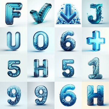 Blue transparent glass 3D Lettering Typeface. AI generated illustration