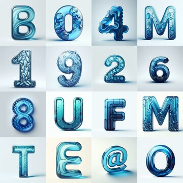 Blue transparent glass 3D Lettering Typeface. AI generated illustration