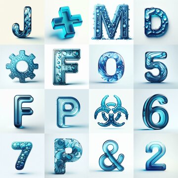Blue transparent glass 3D Lettering Typeface. AI generated illustration
