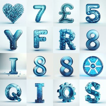 Blue transparent glass 3D Lettering Typeface. AI generated illustration