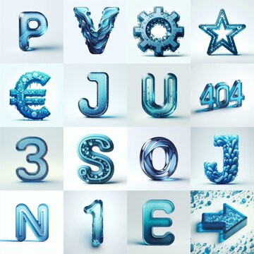 Blue transparent glass 3D Lettering Typeface. AI generated illustration