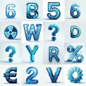 Blue transparent glass 3D Lettering Typeface. AI generated illustration