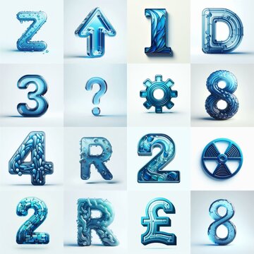 Blue transparent glass 3D Lettering Typeface. AI generated illustration