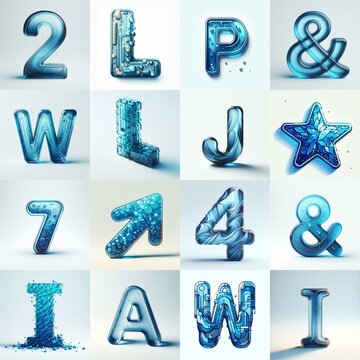 Blue transparent glass 3D Lettering Typeface. AI generated illustration