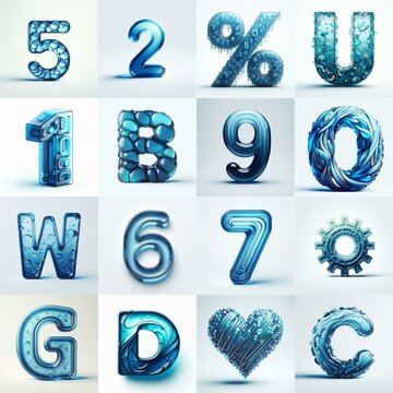 Blue transparent glass 3D Lettering Typeface. AI generated illustration