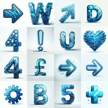 Blue transparent glass 3D Lettering Typeface. AI generated illustration