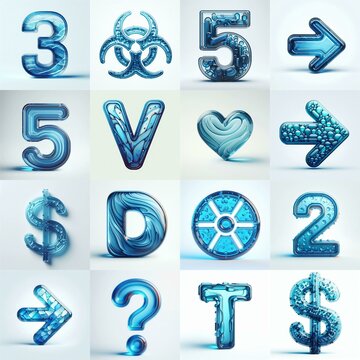 Blue transparent glass 3D Lettering Typeface. AI generated illustration