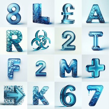 Blue transparent glass 3D Lettering Typeface. AI generated illustration