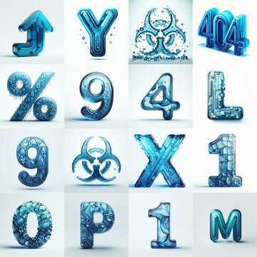 Blue transparent glass 3D Lettering Typeface. AI generated illustration