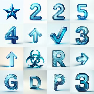 Blue transparent glass 3D Lettering Typeface. AI generated illustration