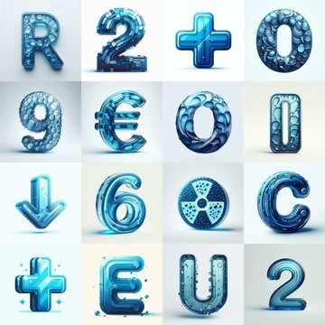 Blue transparent glass 3D Lettering Typeface. AI generated illustration
