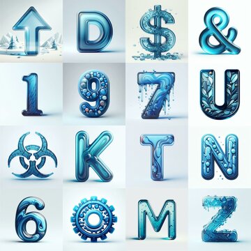 Blue transparent glass 3D Lettering Typeface. AI generated illustration