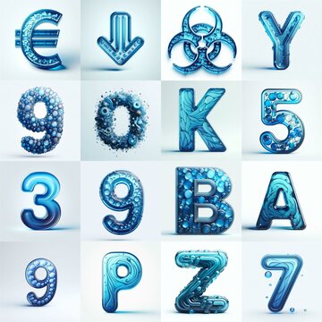 Blue transparent glass 3D Lettering Typeface. AI generated illustration