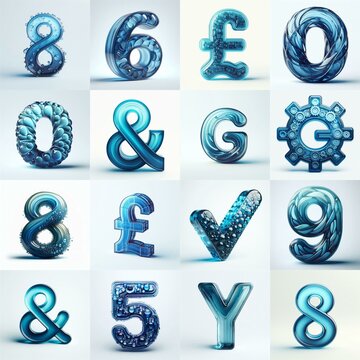 Blue transparent glass 3D Lettering Typeface. AI generated illustration