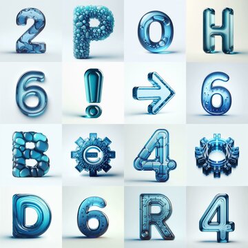Blue transparent glass 3D Lettering Typeface. AI generated illustration