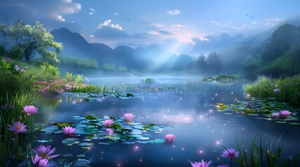 Wall Mural - A serene lake surrounded by vivid, luminescent plants with a glowing light descending from the sky, reflecting off the water's surface. List of Art Media, Fantasy vibrant ethereal colorful approach