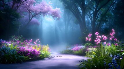 Wall Mural - A celestial garden with vibrant, glowing plants and a divine light illuminating the area in a rainbow of colors. List of Art Media, Fantasy vibrant ethereal colorful approach