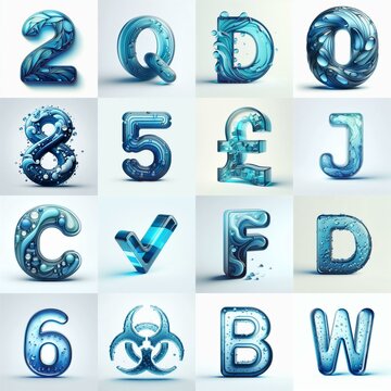 Blue transparent glass 3D Lettering Typeface. AI generated illustration