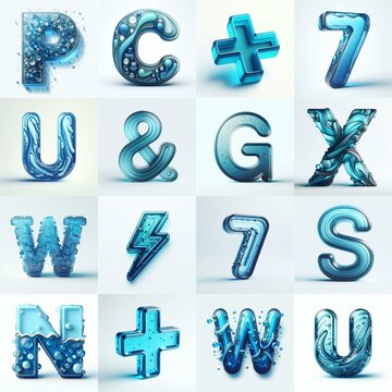 Blue transparent glass 3D Lettering Typeface. AI generated illustration