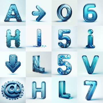 Blue transparent glass 3D Lettering Typeface. AI generated illustration