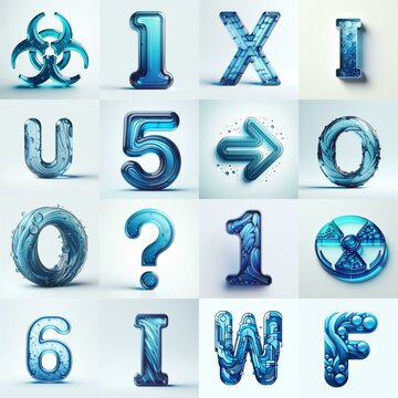 Blue transparent glass 3D Lettering Typeface. AI generated illustration