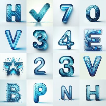 Blue transparent glass 3D Lettering Typeface. AI generated illustration