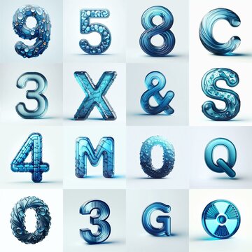 Blue transparent glass 3D Lettering Typeface. AI generated illustration