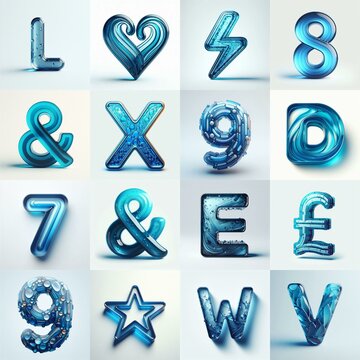 Blue transparent glass 3D Lettering Typeface. AI generated illustration