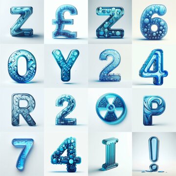 Blue transparent glass 3D Lettering Typeface. AI generated illustration