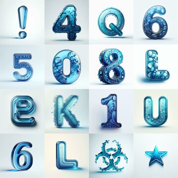 Blue transparent glass 3D Lettering Typeface. AI generated illustration