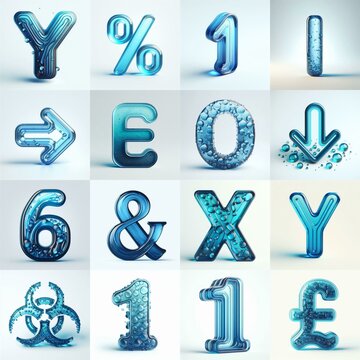 Blue transparent glass 3D Lettering Typeface. AI generated illustration