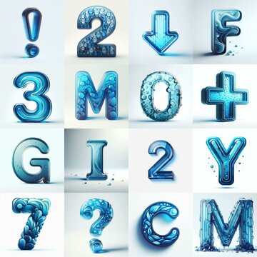 Blue transparent glass 3D Lettering Typeface. AI generated illustration