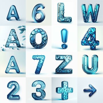 Blue transparent glass 3D Lettering Typeface. AI generated illustration