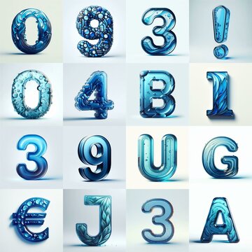 Blue transparent glass 3D Lettering Typeface. AI generated illustration