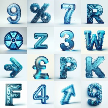 Blue transparent glass 3D Lettering Typeface. AI generated illustration