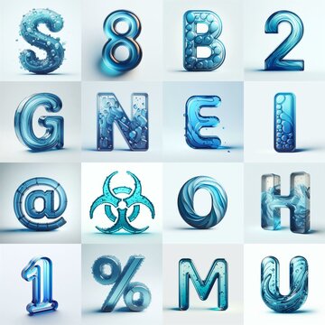 Blue transparent glass 3D Lettering Typeface. AI generated illustration