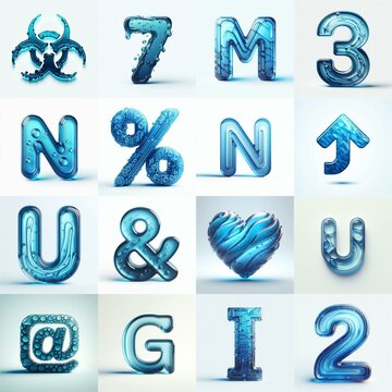 Blue transparent glass 3D Lettering Typeface. AI generated illustration