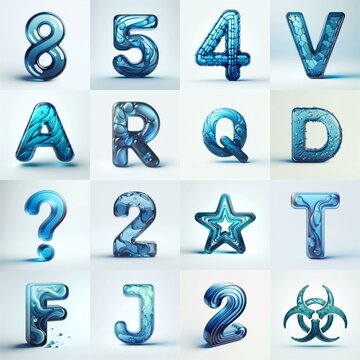 Blue transparent glass 3D Lettering Typeface. AI generated illustration
