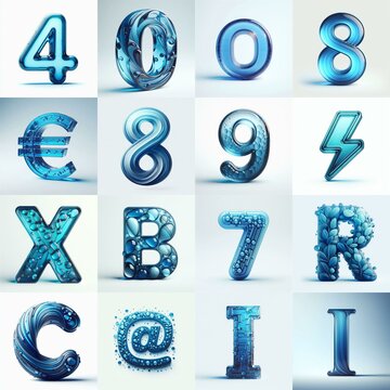 Blue transparent glass 3D Lettering Typeface. AI generated illustration
